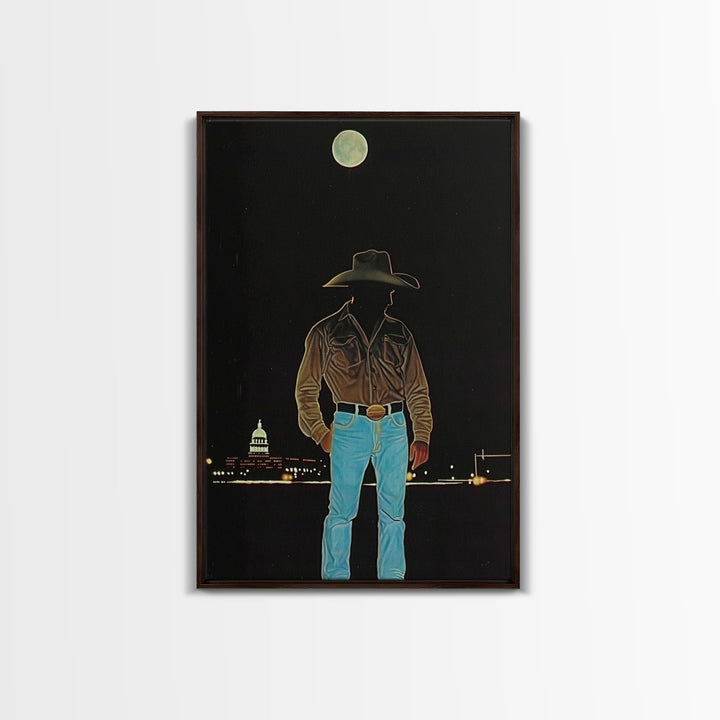 Cowboy Under the Moon Print - Framed Canvas Wall Art, Rustic Western Decor, Nighttime Cowboy Artwork for Living Room, Western Night Sky