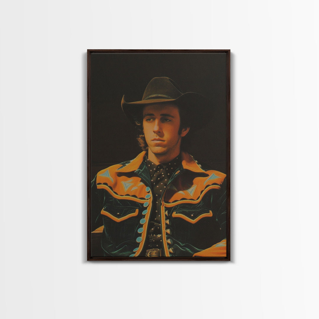 Retro Cowboy Portrait Print - Framed Canvas Wall Art, Rustic Western Decor, Vintage Cowboy Artwork for Living Room, Historical Portrait