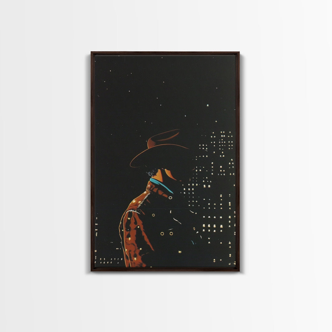 Cowboy in the City Night Print - Framed Canvas Wall Art, Urban Western Decor, City Cowboy Artwork for Living Room, Modern Western Art