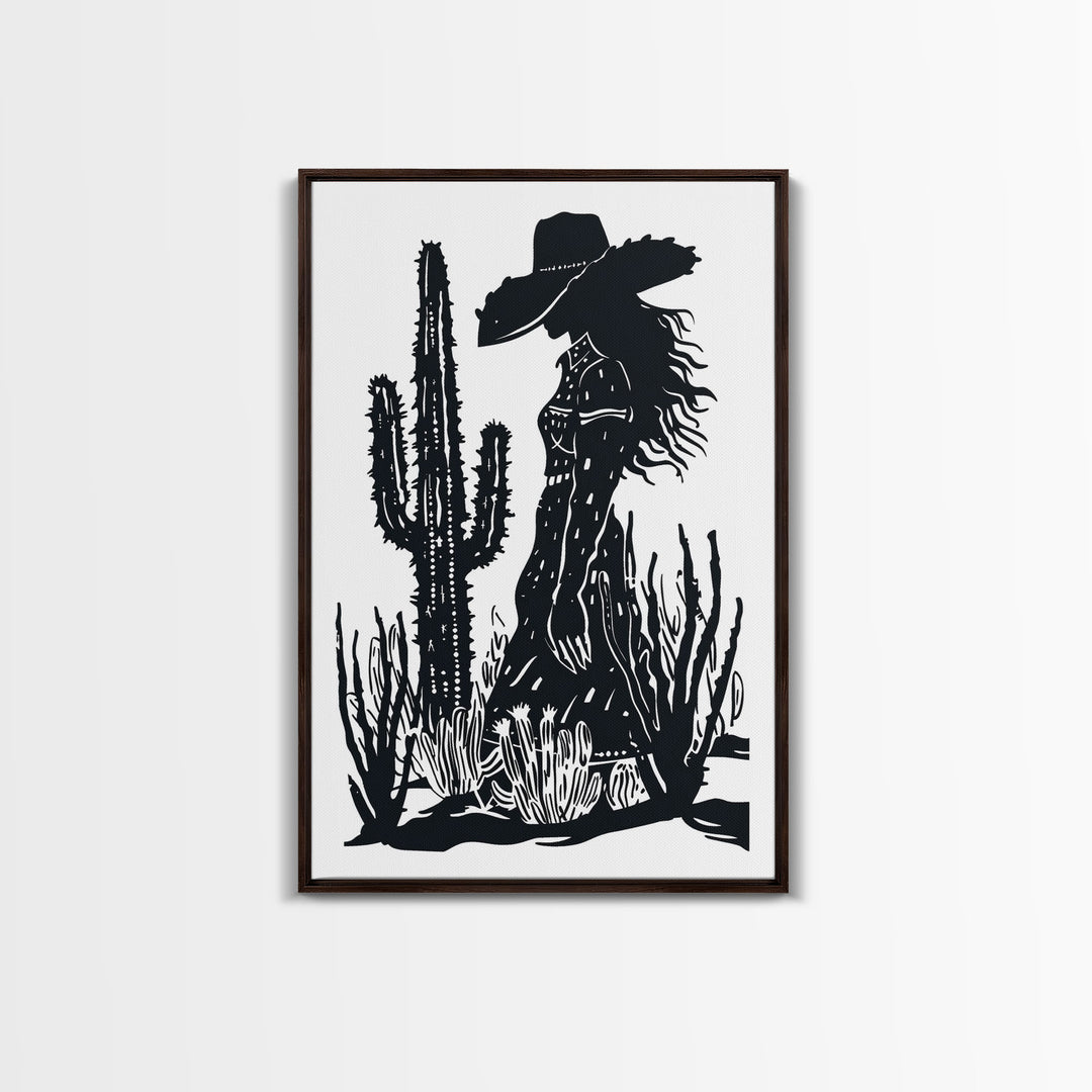 Cowgirl at Sunset Art Print, Western Silhouette Framed Canvas, Vintage Desert Scene, Rustic Western Home Decor, Unique Wall Art