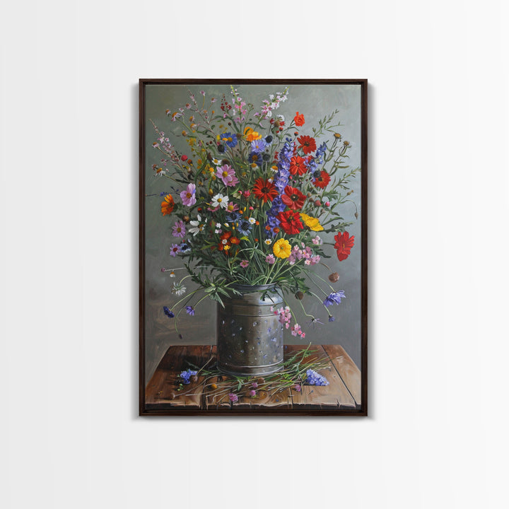 Wildflower Bouquet Print - Framed Canvas Wall Art, Rustic Floral Decor for Living Room, Colorful Wildflower Artwork for Home, Botanical Art