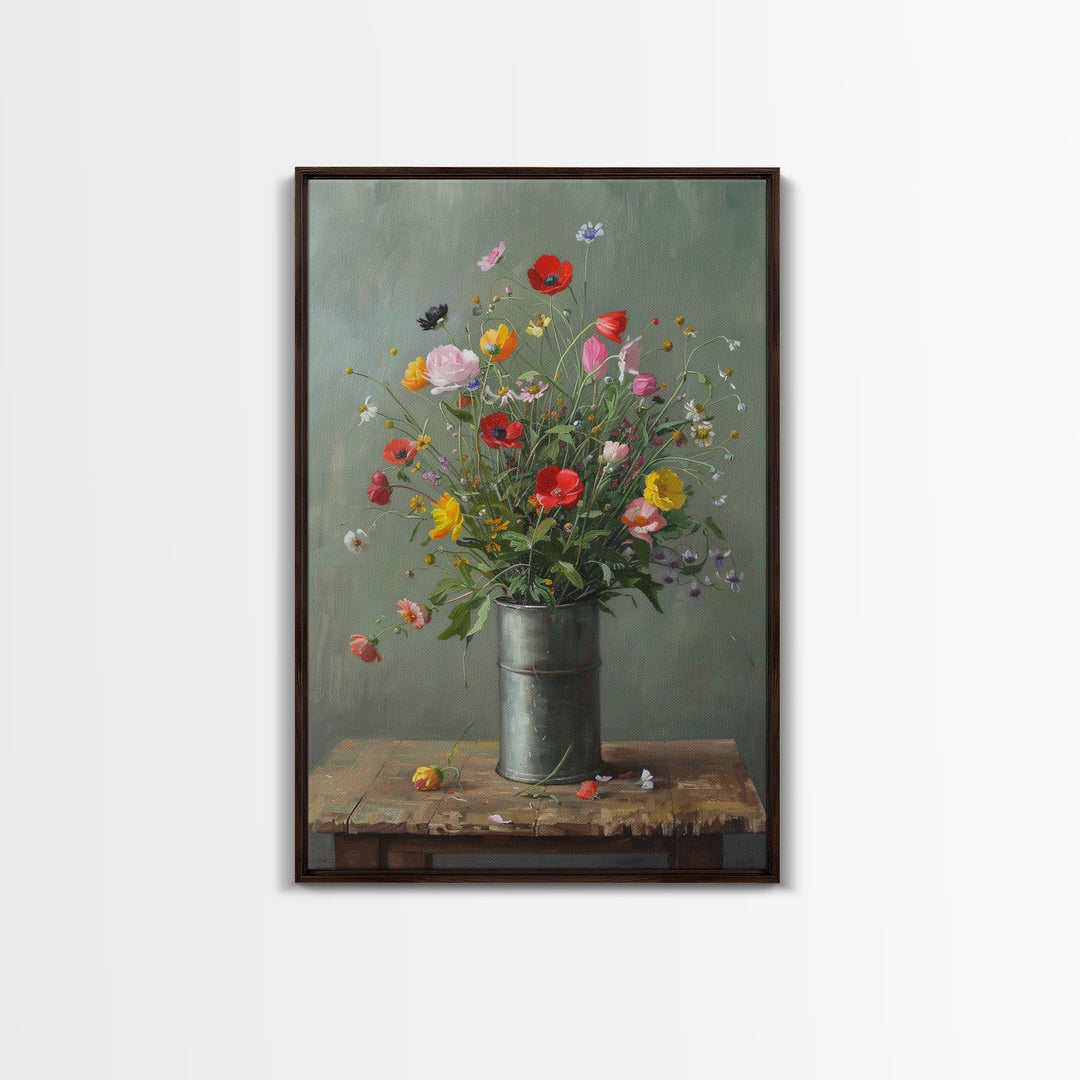 Rustic Flower Vase Art on Weathered Table - Framed Canvas Print, Country Living Room Decor, Farmhouse Floral Wall Art, Vintage Floral Design