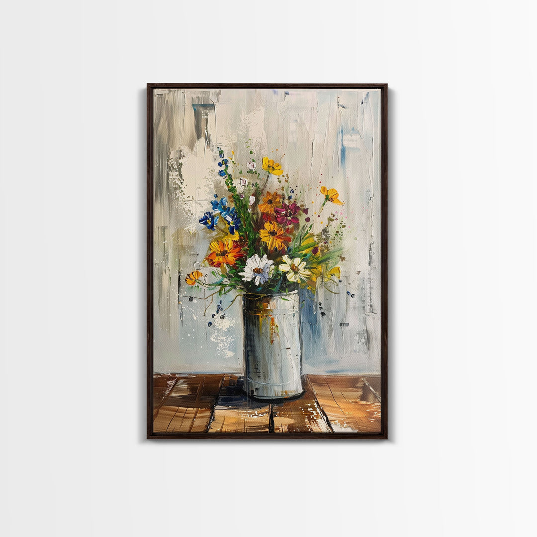 Modern Abstract Flower Vase Art - Framed Canvas Print, Colorful Floral Decor for Living Room, Contemporary Flower Artwork, Bright Home Decor