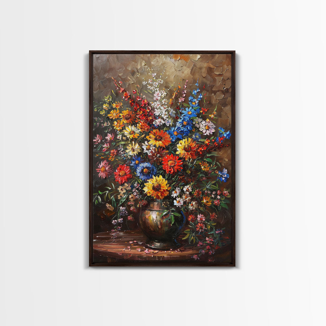 Bold Flower Bouquet Art on Dark Background - Framed Canvas Print, Vibrant Floral Wall Art for Living Room, Modern Artwork, Flower Decor