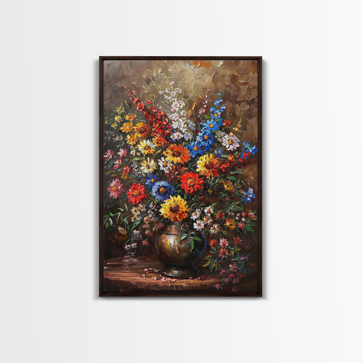 Bold Flower Bouquet Art on Dark Background - Framed Canvas Print, Vibrant Floral Wall Art for Living Room, Modern Artwork, Flower Decor