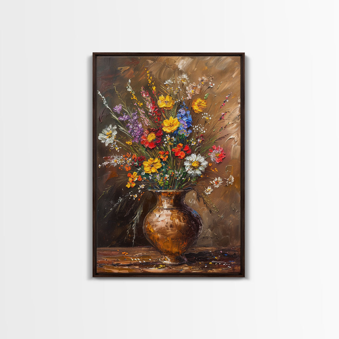 Lush Floral Arrangement in Vase Art - Framed Canvas Print, Colorful Flower Decor for Living Room, Bright Botanical Artwork, Nature Wall Art