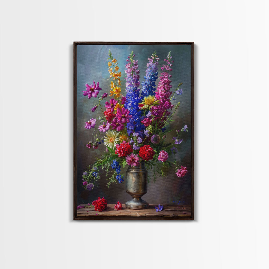 Dramatic Floral Vase Art on Rich Background - Framed Canvas Print, Bold Flower Decor for Living Room, Botanical Artwork, Floral Wall Art