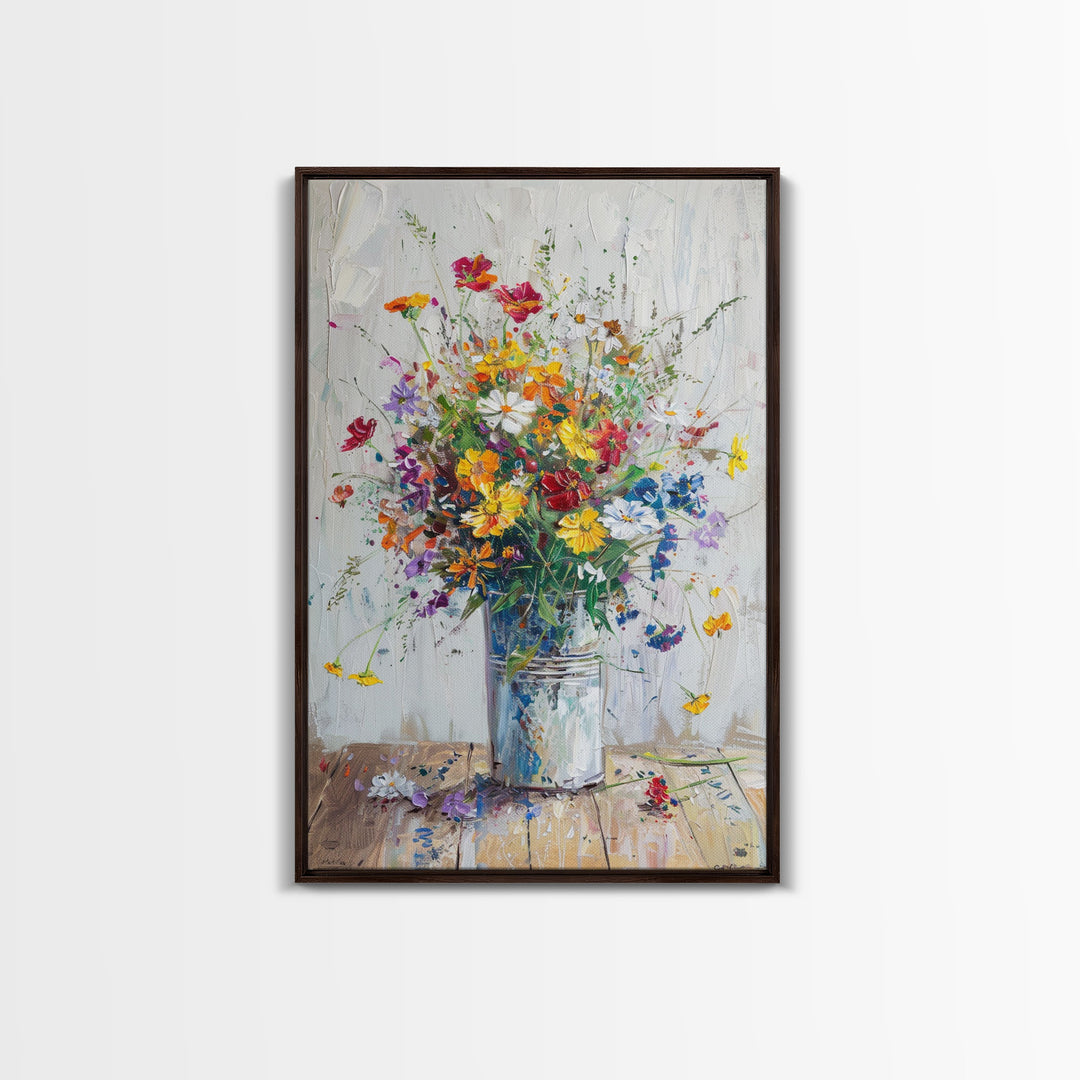 Delicate Flower Vase Art with Light Colors - Framed Canvas Print, Soft Floral Decor for Living Room, Gentle Botanical Artwork, Pastel Wall A