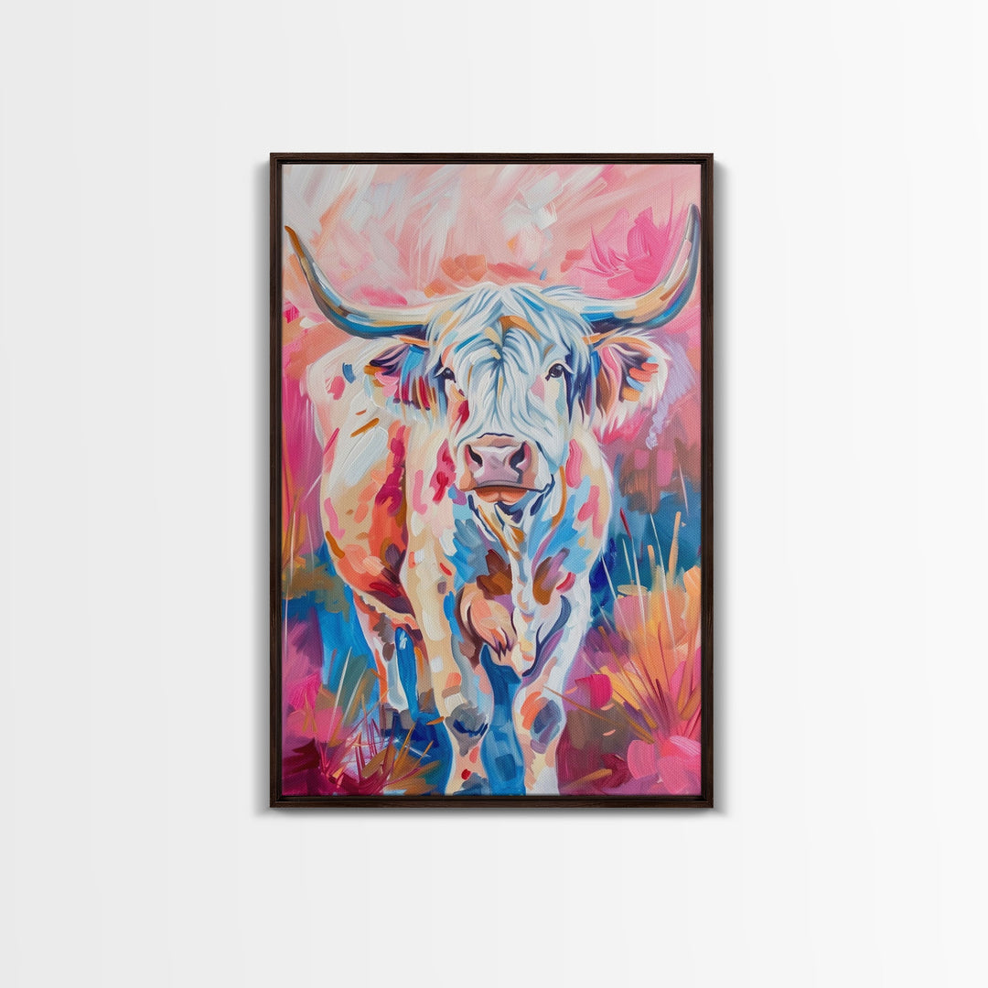 Colorful Highland Cow Art - Rustic Farmhouse Wall Decor, Vibrant Animal Painting, Living Room Art, Highland Cow Canvas Print