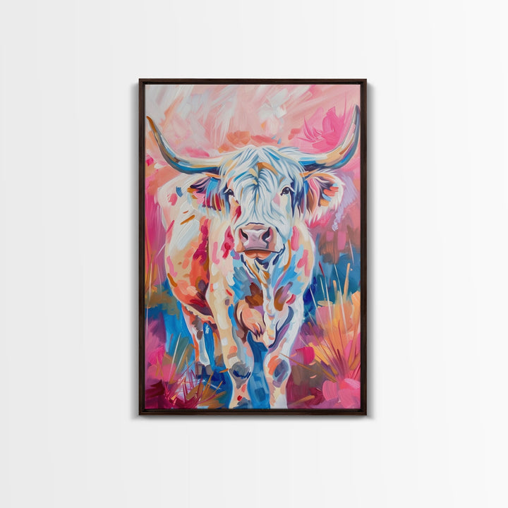 Colorful Highland Cow Art - Rustic Farmhouse Wall Decor, Vibrant Animal Painting, Living Room Art, Highland Cow Canvas Print