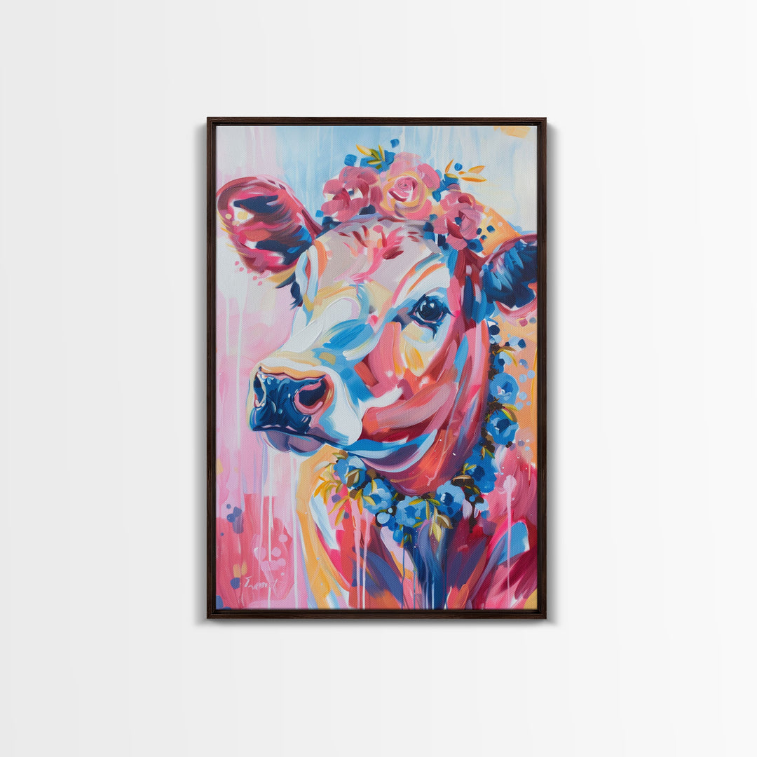 Floral Crowned Cow Portrait - Whimsical Farmhouse Wall Art, Vibrant Animal Painting, Bedroom Decor, Cute Cow Canvas Print