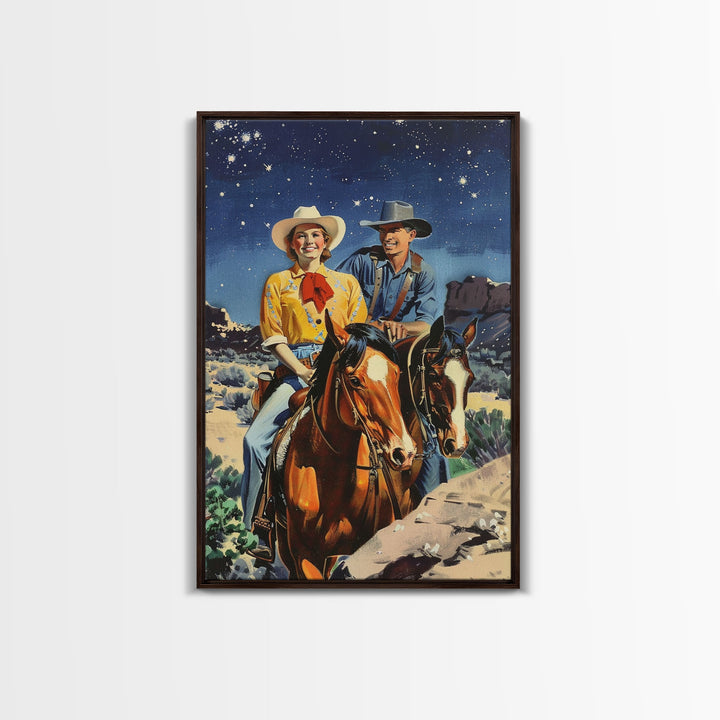 Vintage Western Couple Riding Horses Under Stars - Rustic Cowboy Wall Art, Night Sky Painting, Living Room Decor, Western Canvas