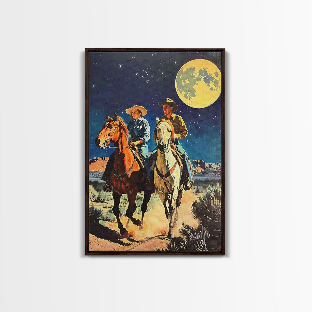 Vintage Cowboy Couple Under Moonlit Sky - Rustic Western Wall Art, Night Sky Painting, Bedroom Decor, Cowboy Canvas Print