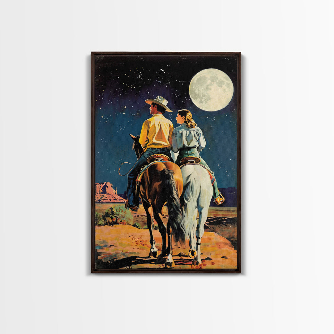 Cowboy Couple Gazing at Moon - Vintage Western Wall Art, Romantic Night Sky Painting, Living Room Decor, Cowboy Canvas Print