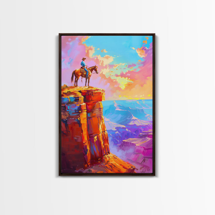 Cowboy on Cliff Edge at Sunset - Colorful Western Landscape Painting, Sunset Wall Art, Living Room Decor, Cowboy Canvas Print