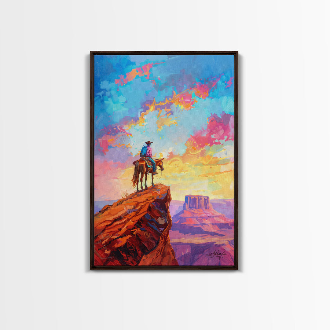 Cowboy on Horseback Overlooking Canyon - Vibrant Western Landscape Art, Sunset Painting, Living Room Decor, Cowboy Canvas Print