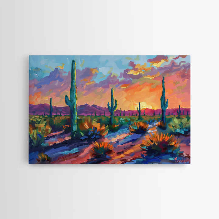 Sunset In The Desert, Framed Canvas Print, Out In The Desert, Southwestern Decor, Watercolor Painting, Original Painting