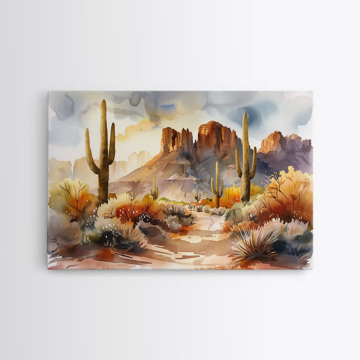 The Desert At Sunset Framed Canvas Print, Watercolor Painting, Original Wall Art Home Decor, Boho Style Farmhouse Wall Art