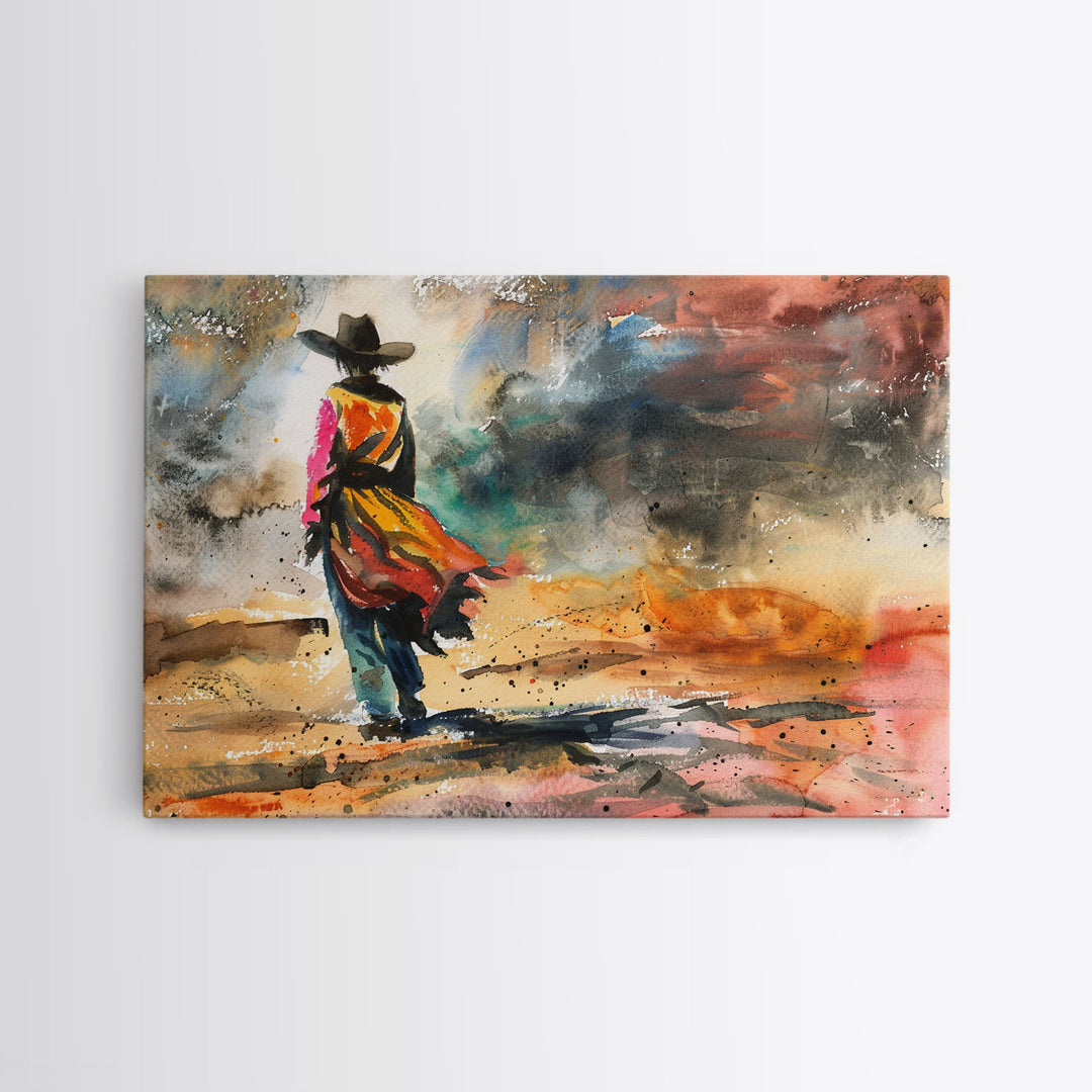 The Cowgirl, Framed Canvas Print, Metal Wall Art, Kitsch Decor, Wild West for Girls, Western Decor Watercolor Painting, Wall Art Prints