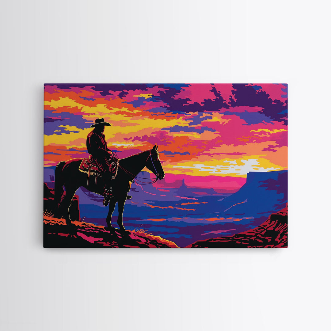 The Rider, Kitsch Western Decor, Framed Canvas Print, Western Dorm Room Decor, Wild West Wall Art, Home Decor