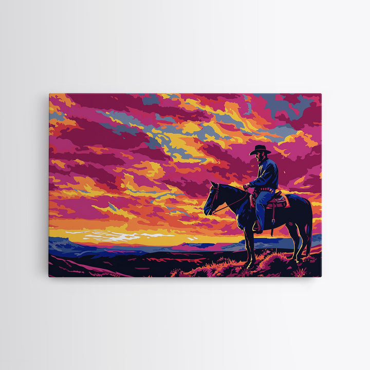 The Cowboy Rides At Sunset, Living Room Art, Framed Canvas Print Original Art, Watercolor Painting, Cowboy Painting, Rustic Western Decor