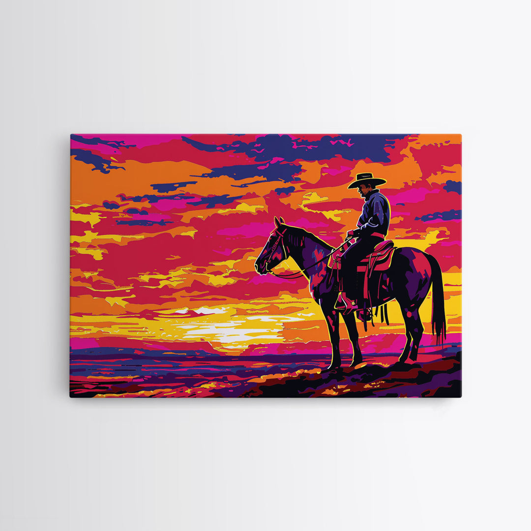 Wild West Cowboy At Sunset Framed Canvas Print, Pop Art, Watercolor Painting, Room Decor Western Aesthetic