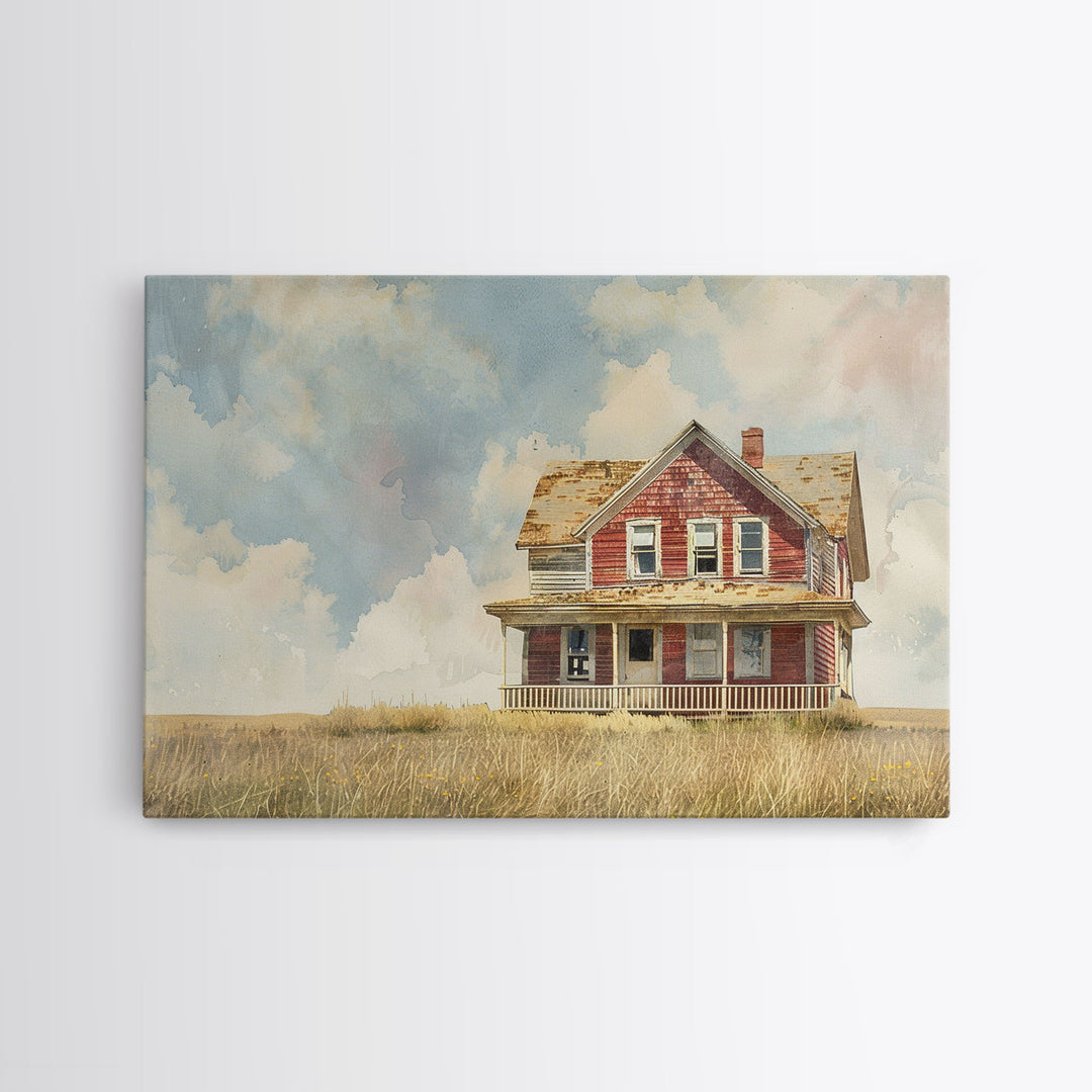 Watercolor Painting Of An Old Red Farmhouse, Framed Canvas Print, Wall Art Prints, Rustic Farmhouse Decor, Minimalist Art, Kitsch Decor