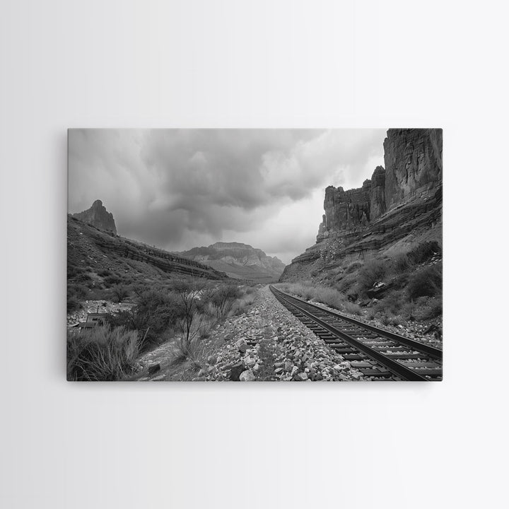 The Train Tracks, Framed Canvas Print, Black and White Western Photography, Wild West Art, Metal Art, Metal Print, Rustic Country Wall Art