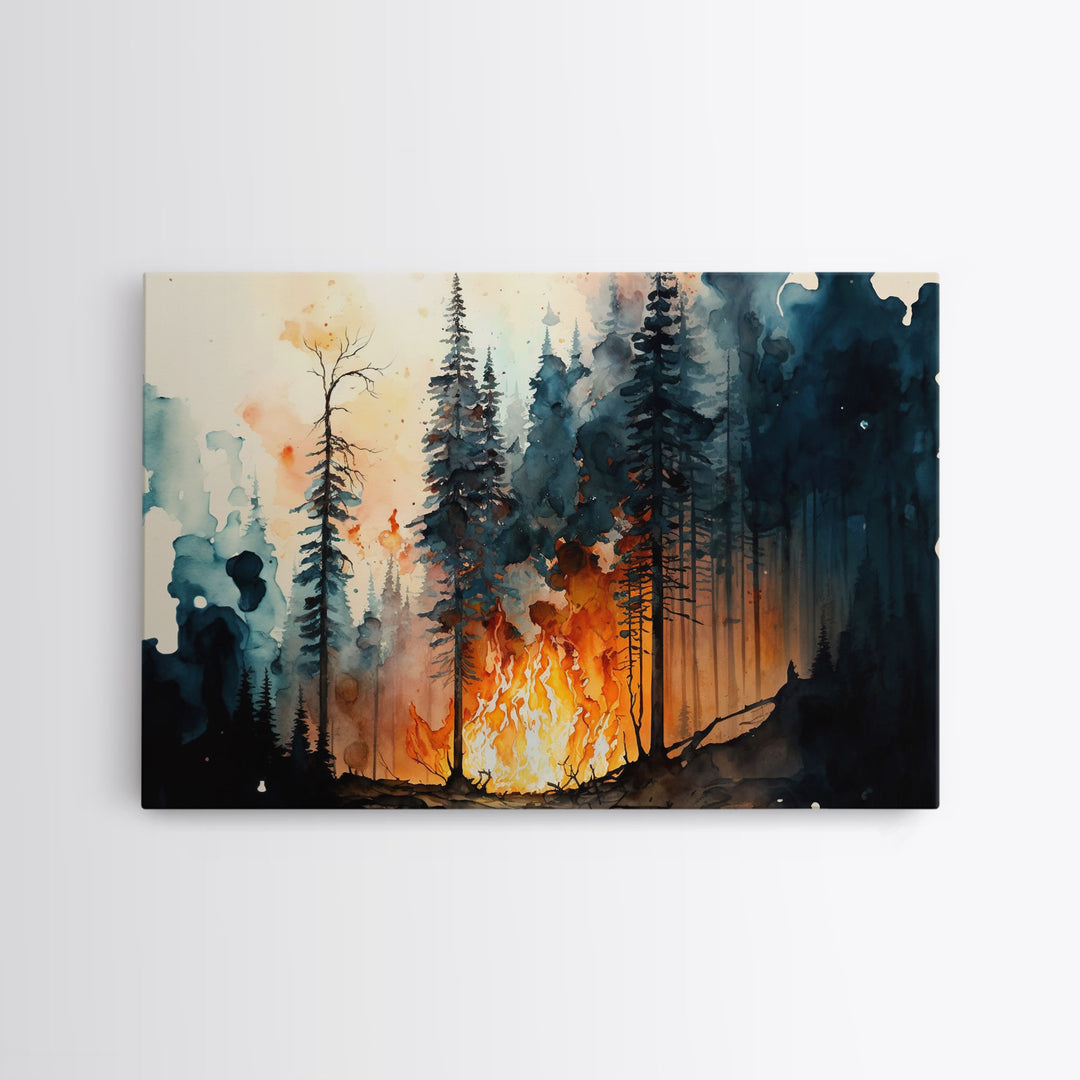 Watercolor Painting Print Of a Forest Fire, Framed Wall Art, Rustic Decor, Pine Tree Forest Print, Living Room Art, Bed Room Wall Art