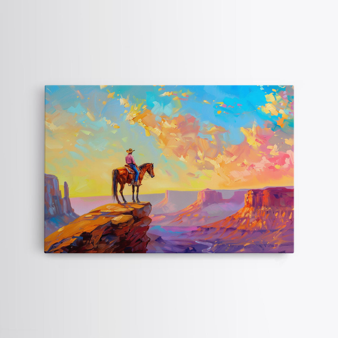 Western Art Print, Vintage / Retro Cowboy Wall Art, Framed Canvas or Metal Art, Midcentury Modern Watercolor Painting, Cowboy at Sunset