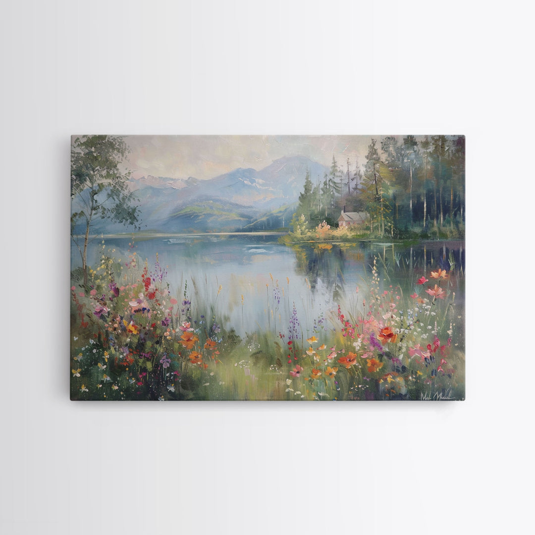 Summer At The Lake, Framed Canvas Print, Fine Art, Living Room Decor, Wildflowers Art, Lakehouse Art, Living Room Decor, Home Decor