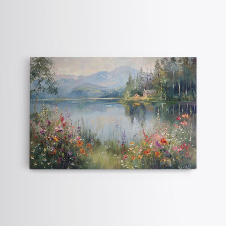 Summer At The Lake, Framed Canvas Print, Fine Art, Living Room Decor, Wildflowers Art, Lakehouse Art, Living Room Decor, Home Decor