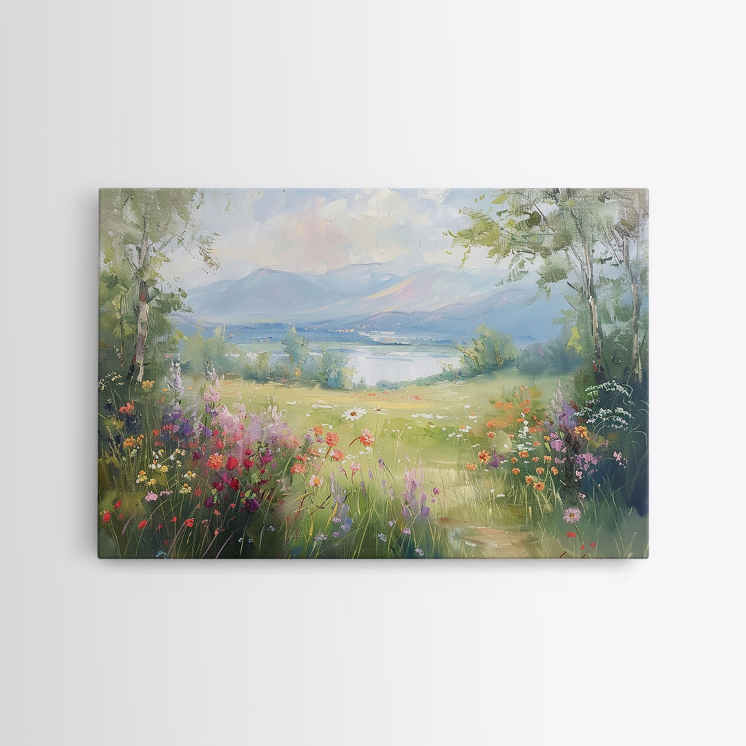 Spring In The Country, Framed Canvas Print, Landscape Painting, Metal print, Farmhouse Decor, Cottage Core Minimalist Home Decor Wall Art