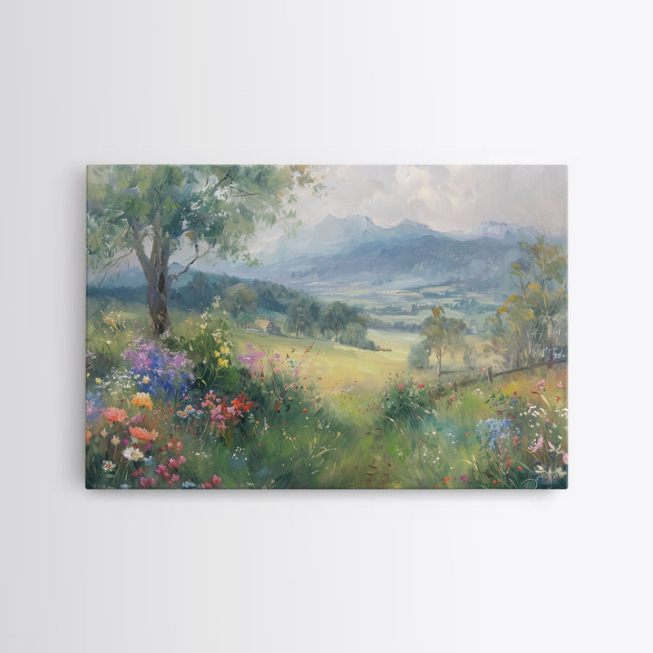 Spring Wildflower Field Landscape Painting Large Wall Art Print, Framed Canvas Nature Wall Decor, Rustic Country Landscape Living Room Art