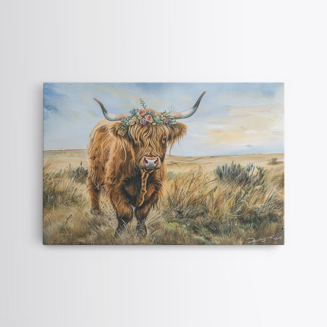 Vintage Cow Painting Framed Canvas Print | Retro Country Decor | Living Room Art | Gift For Her | Vintage Wall Art | Cottage Core Wall Art