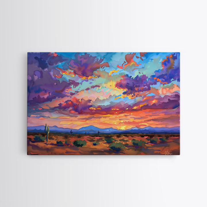 Western Desert Watercolor Framed Canvas Print, Arizona Decor, Pop Art Mid Century Modern Wall Art, Arizona Painting, Southwest Decor