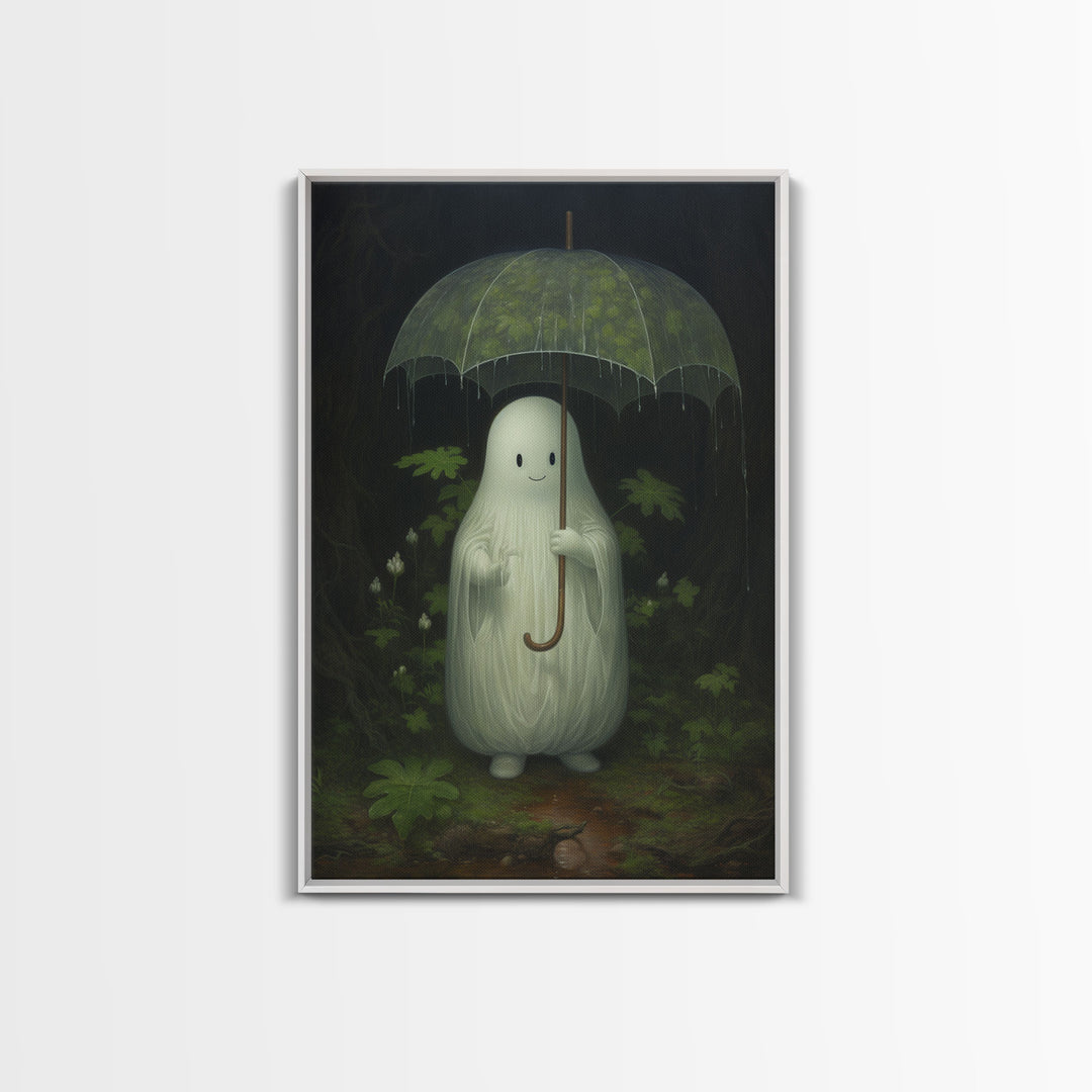 Ghost Holding an Umbrella In The Rain, Vintage Halloween Canvas Print, Framed Canvas, Halloween Wall Art, Dark Academia, Spooky Haunted