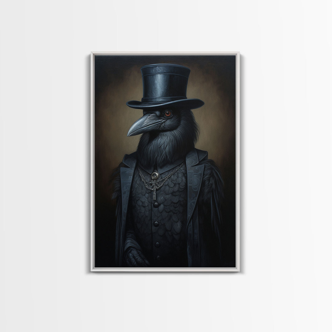 Gothic Raven Vintage Canvas, Art Canvas Print, Framed Canvas, Home Decor, Victorian Crow, Funny Halloween Art, Dark Academia Portrait