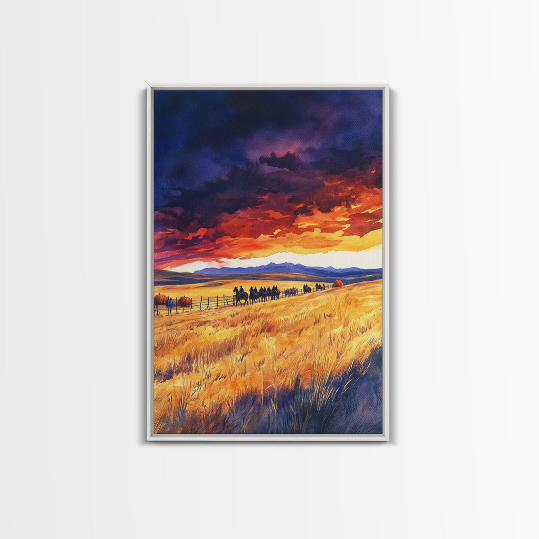 The Cattle Drive At Sunset, Framed Canvas Print, Autumn Decor, Beautiful Sunset Wall Art Painting