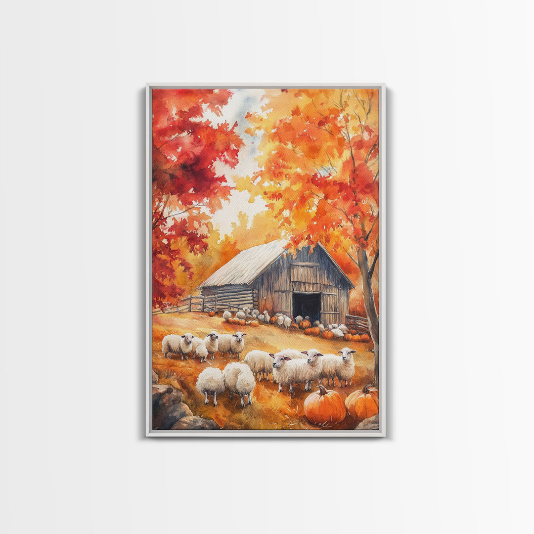 The Sheep Farm In Fall Framed Canvas Print, Farmhouse Decor, Boho Painting Wall Art