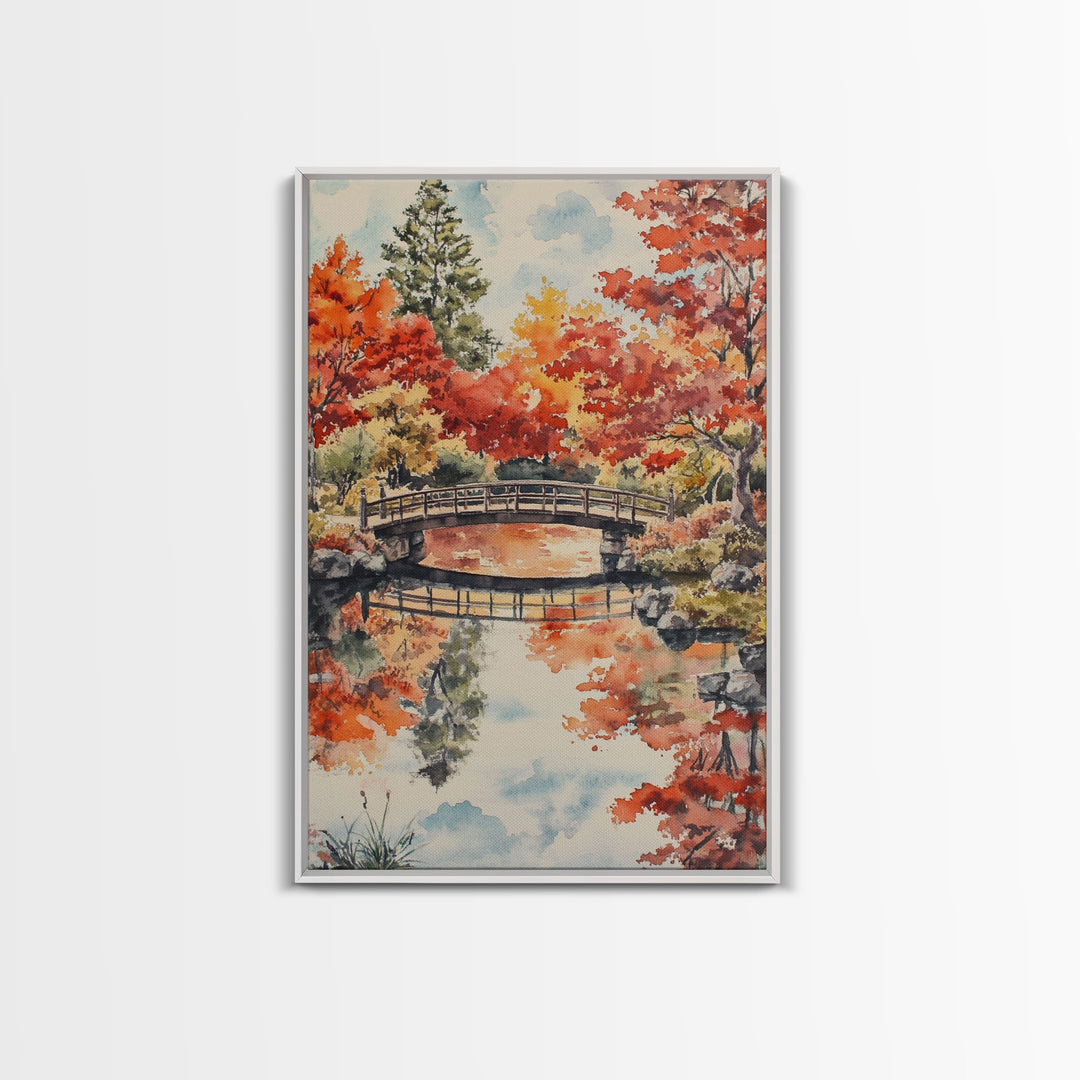 The Fall Bridge, Framed Canvas Print, Autumn Decor, Holiday / Seasonal Wall Art Gift For Her, Moody Landscape