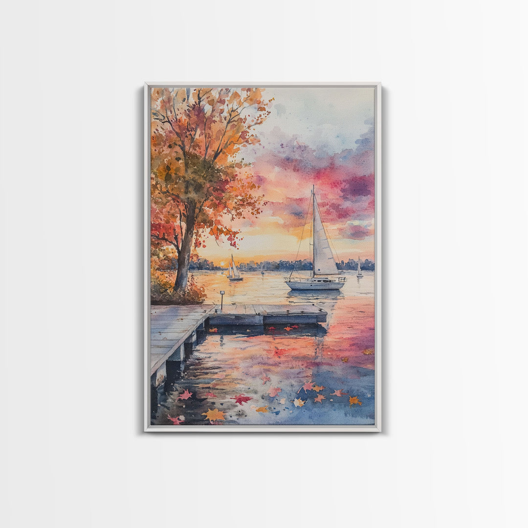 Sailboats at Sunset In The Fall, Framed Canvas Print, Beach House Wall Art, Lake House Art