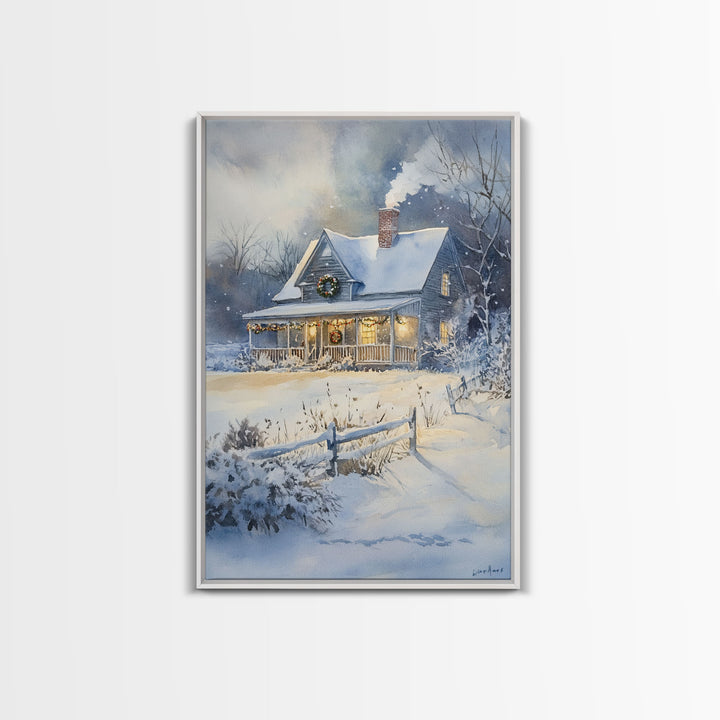 Christmas Cottage Wall Art, Framed Canvas Print, Winter Wonderland Landscape Print