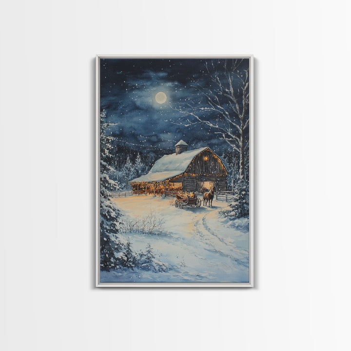 The Christmas Barn, Framed Canvas Print, Farmhouse Christmas Wall Art