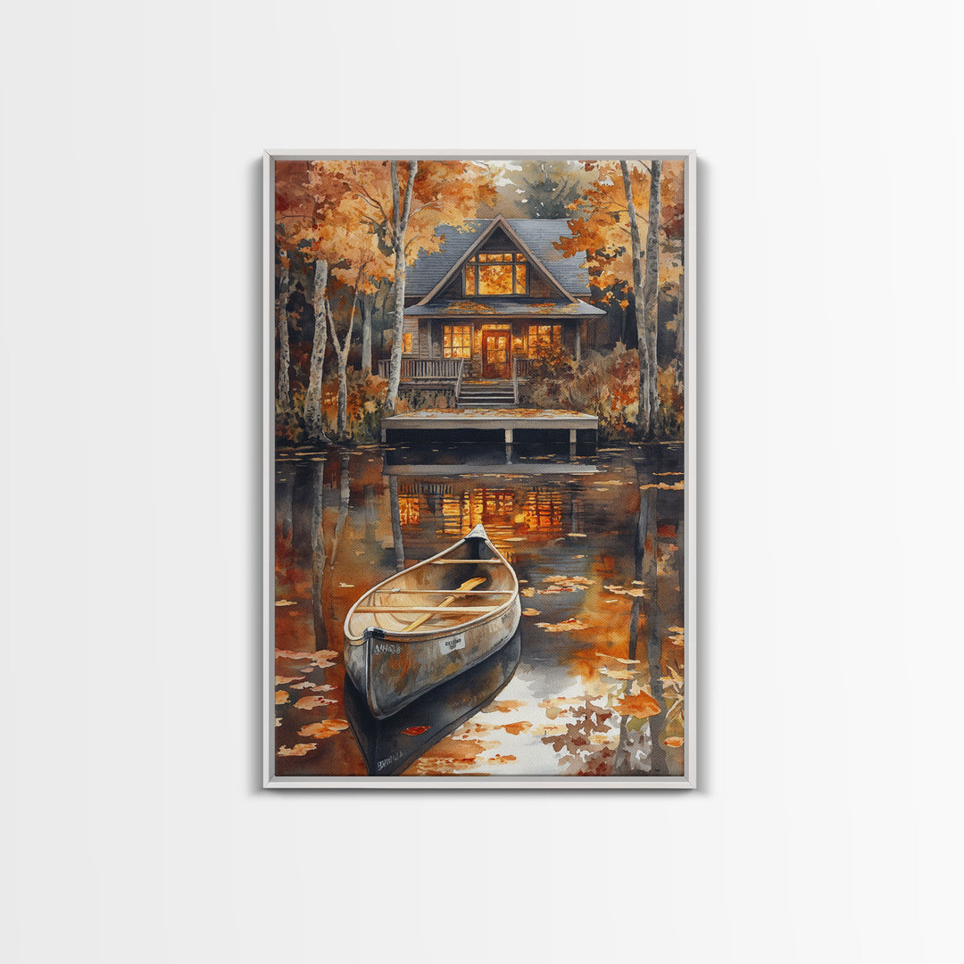 Canoe on the Lake, Lake House Decor, Framed Wall Art Canvas Print, Fall Decor, Seasonal Decor, Holiday Decor Gift