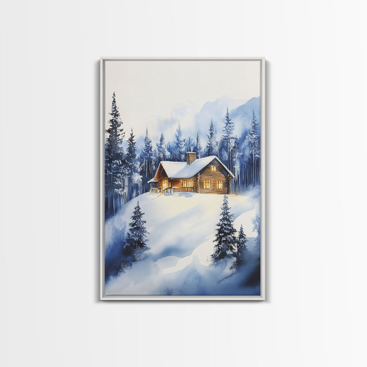 Winter Wonderland Landscape Print, Cabin In The Woods Rustic / Primitive Wall Art, Colorful Christmas