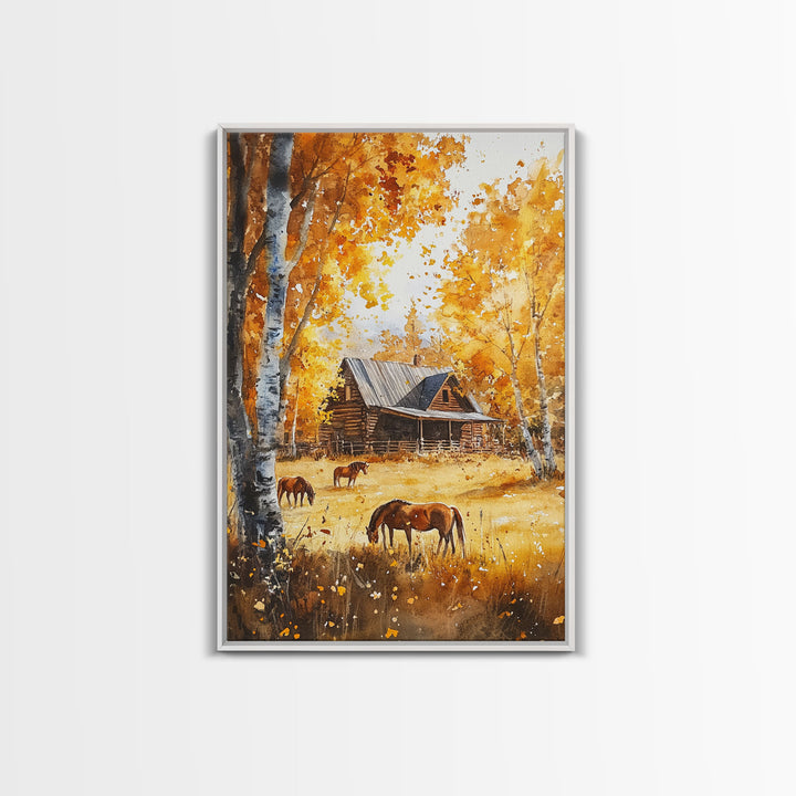 Log Cabin and Horses In The Fall, Wood Framed Wall Art, Primitive Thanksgiving Home Decor, Living Room Art