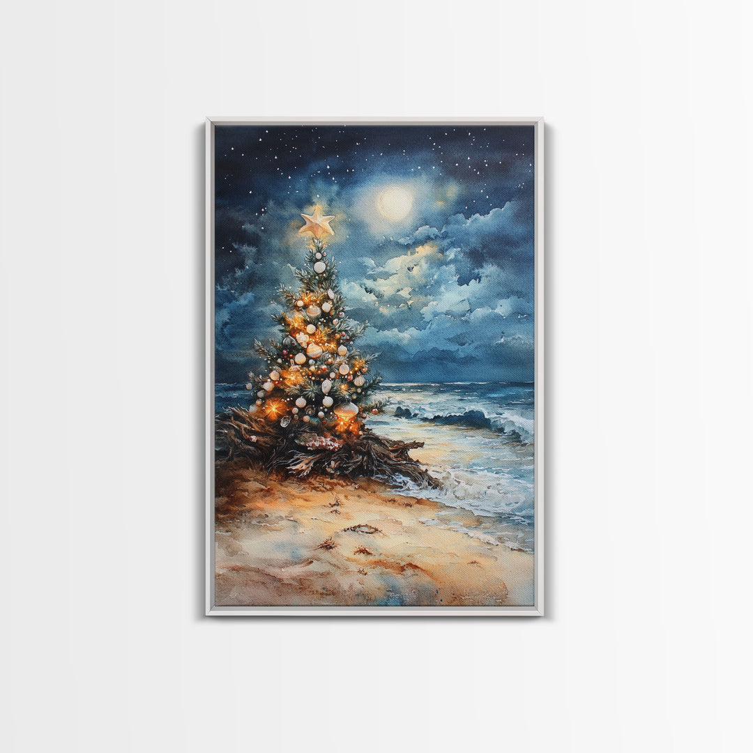 Christmas Tree On The Beach, Framed Canvas Print, gallery wall, Christmas Poster, Xmas Prints