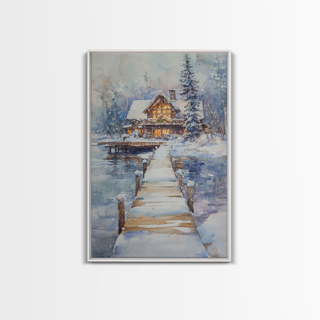 Christmas At The Lake, Framed Canvas Print, Wood Frame Lake House Decor, Winter Lakehouse Art