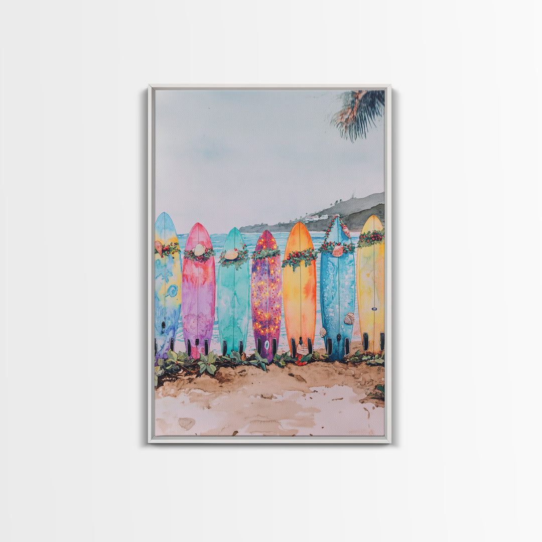 Surf Board Christmas, Framed Canvas Print, Beautiful Trendy Christmas Wall Art With Wood Frame, 2024 Xmas Decor, Christmas 2024